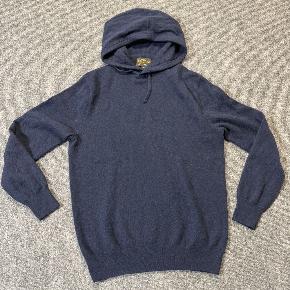 J Crew Mens M 100% Cashmere Navy Blue Pullover Hoodie Sweater Knit Luxury
